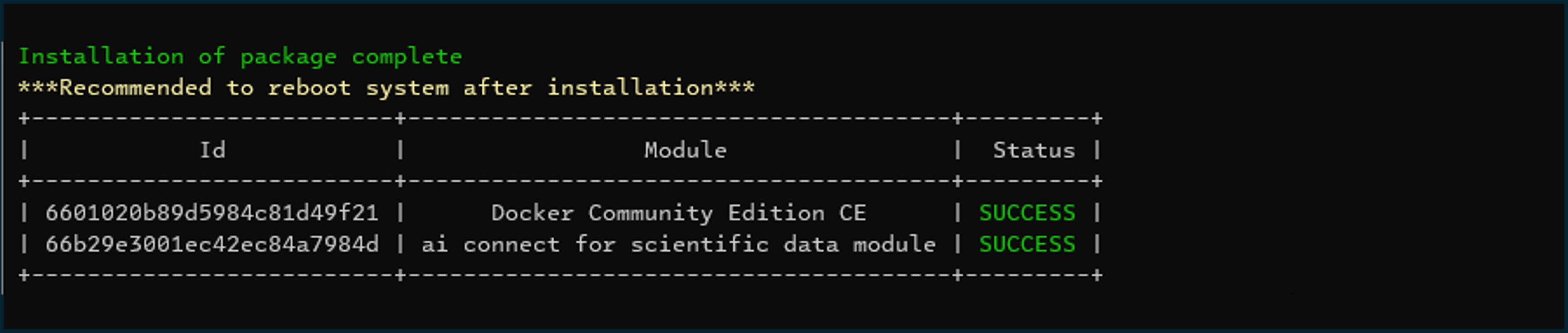 Terminal output when the installation is finished