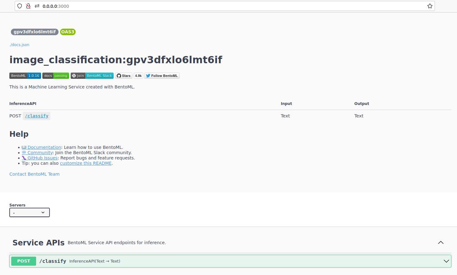 Figure 2: BentoML Swagger API UI