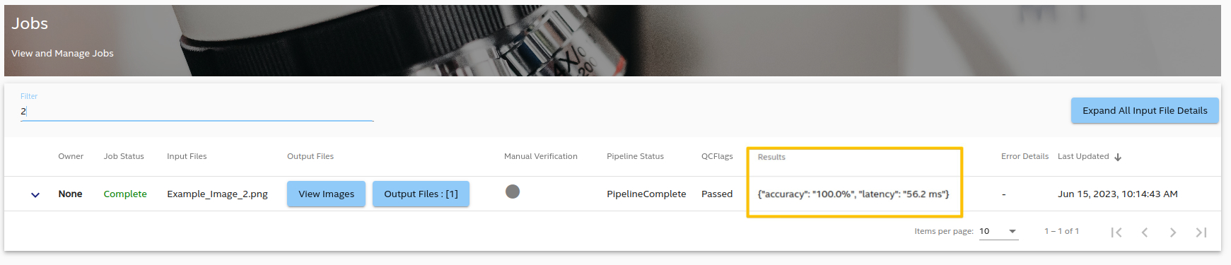 Figure 3: Image Classification Result displayed in Job UI