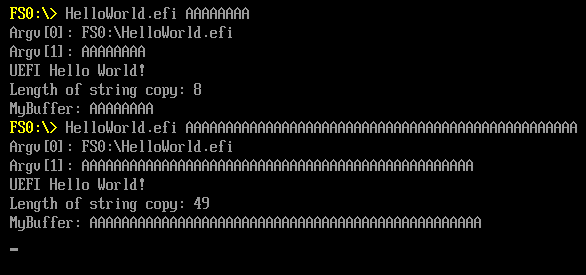 Running the extended HelloWorld.efi application with multiple arguments