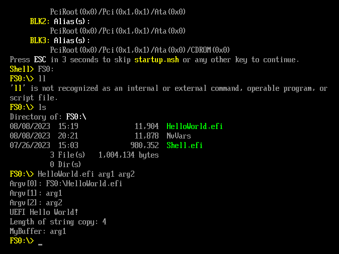 Running the extended HelloWorld.efi application with multiple arguments