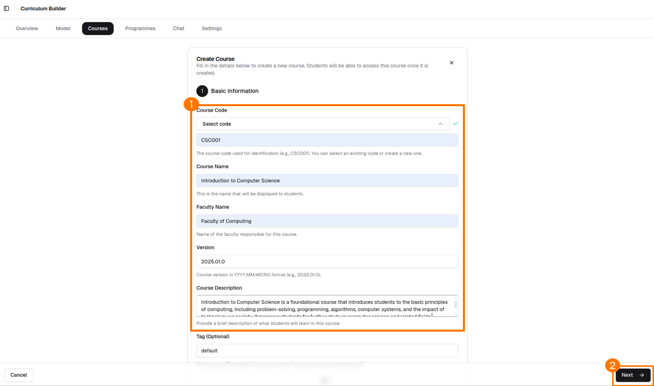 Course creation form — details step