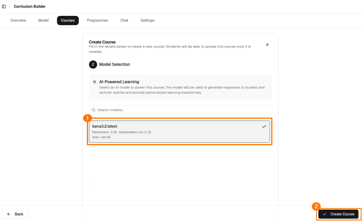Course creation form — model selection step