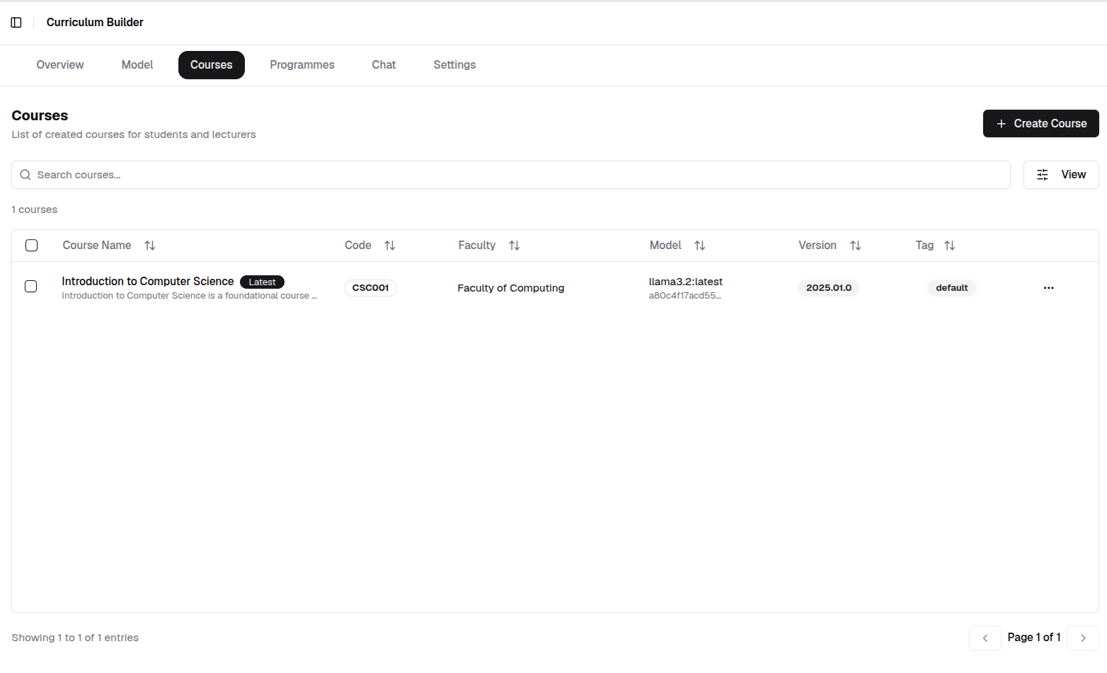 Course page displaying the newly created course