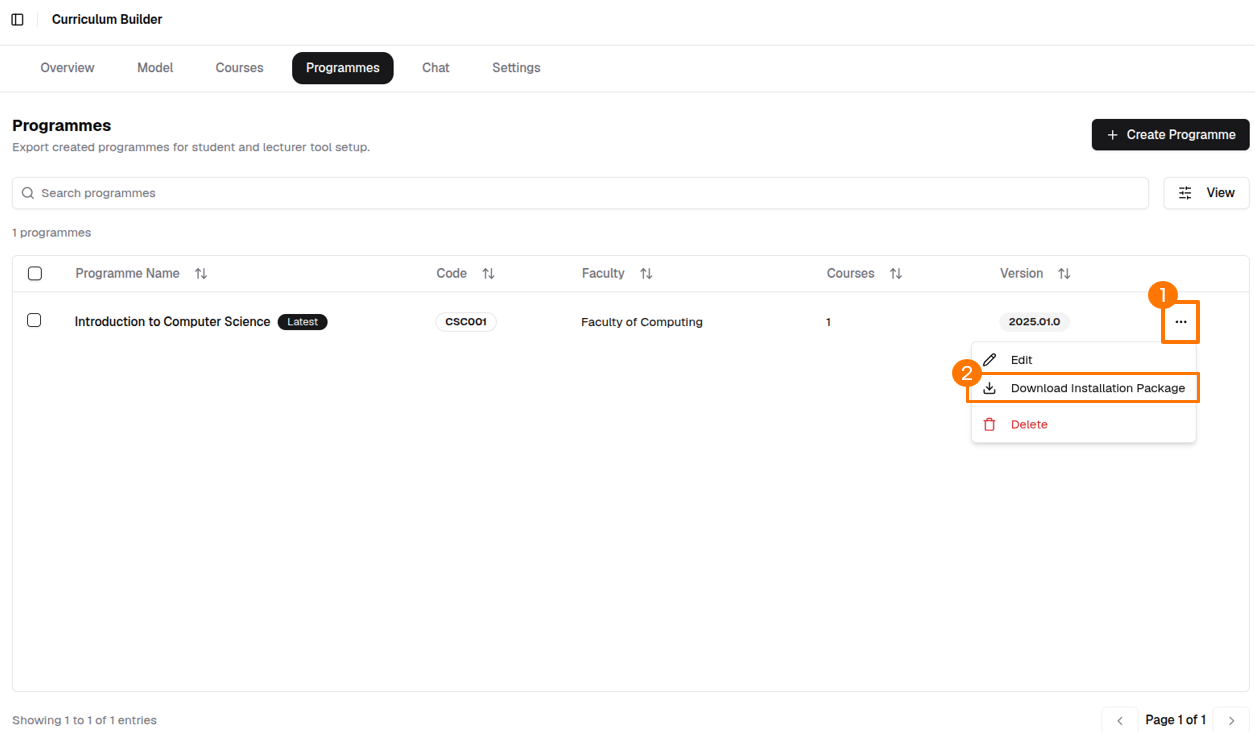 Programme dashboard showing the Download Installation Package option