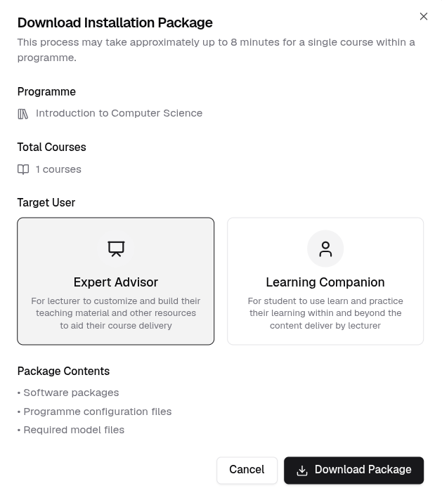Installation package download dialog with target user selection
