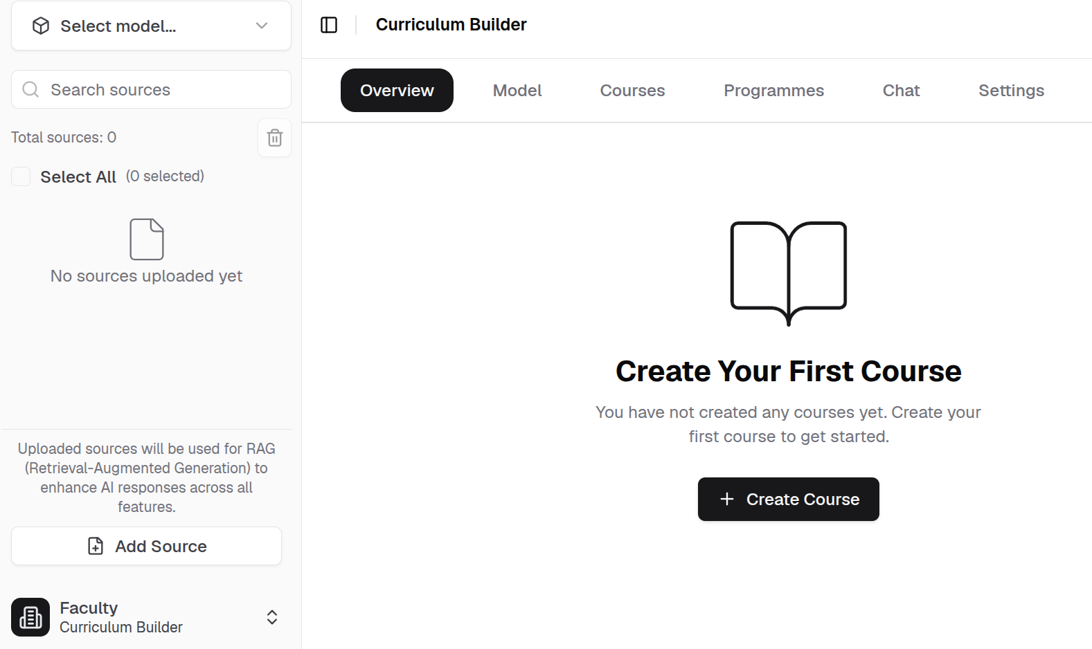 Curriculum Builder landing page showing a summary of models, courses, and programmes