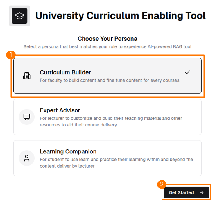 Curriculum Builder persona selection on the home page