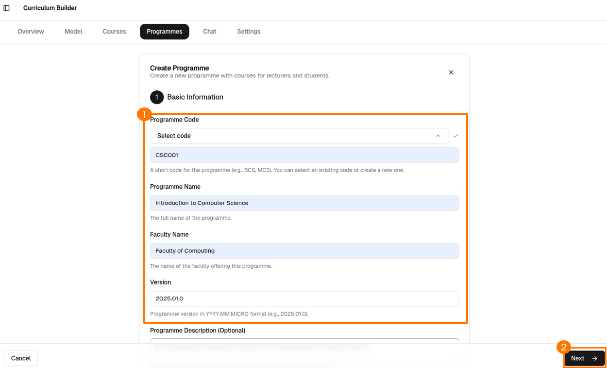 Programme creation form — details step