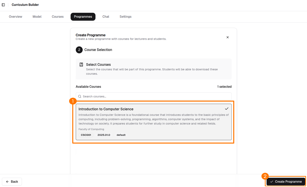 Programme creation form — course selection step