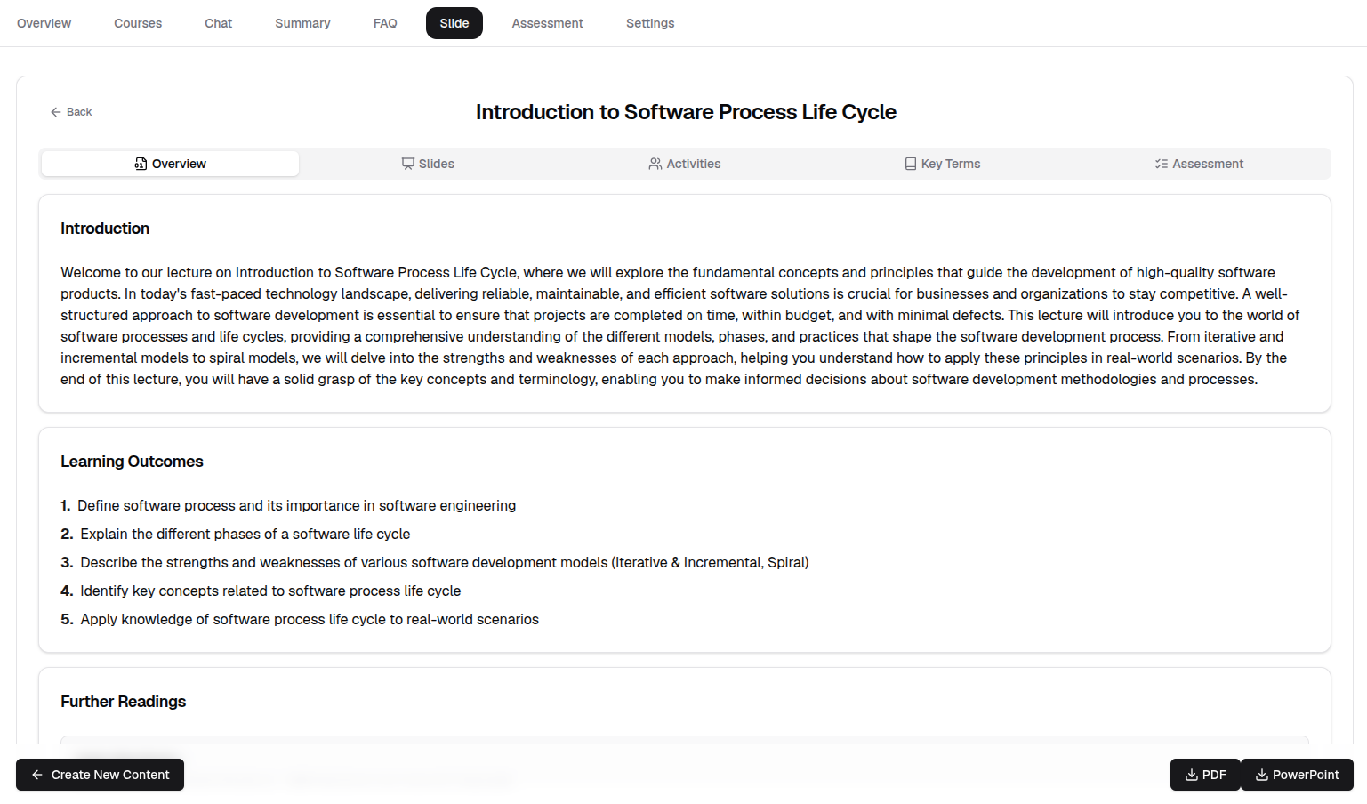 Generated teaching materials with download options