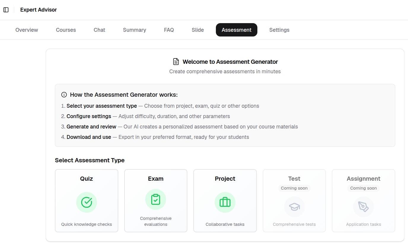 Generate assessment page