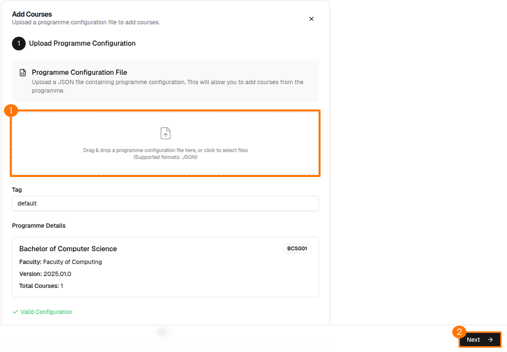 Upload Programme JSON dialog