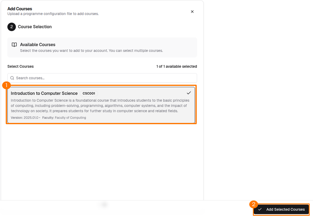 Course selection list with Add Selected Courses button